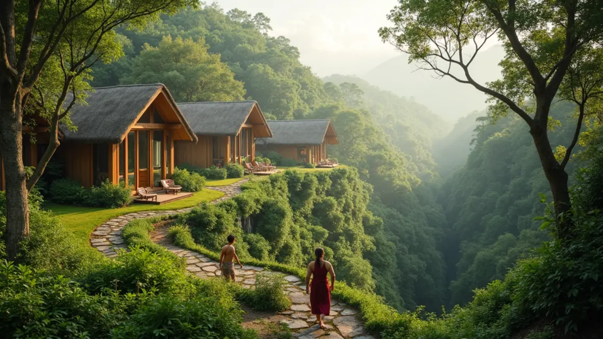 Một khu nghỉ dưỡng giữa thiên nhiên xanh tươi, nơi những người du khách thư giãn với các hoạt động chữa lành tự nhiên.